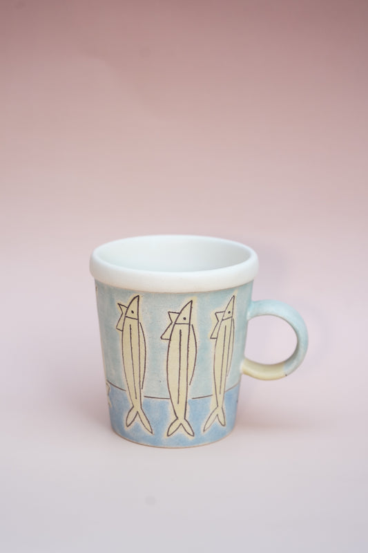 Fish Theme Coffee Cup, handmade, hand-pained, carved mug, holiday gift, Coffee tea lovers, kitchen gift, handmade housewarming gift